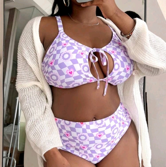 SHEIN 2XL Plaid & Heart Print Tie Front Bikini Swimsuit - Picture 4 of 15